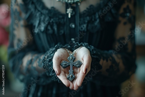 A believer prays, a Christian's holy cross in his hands