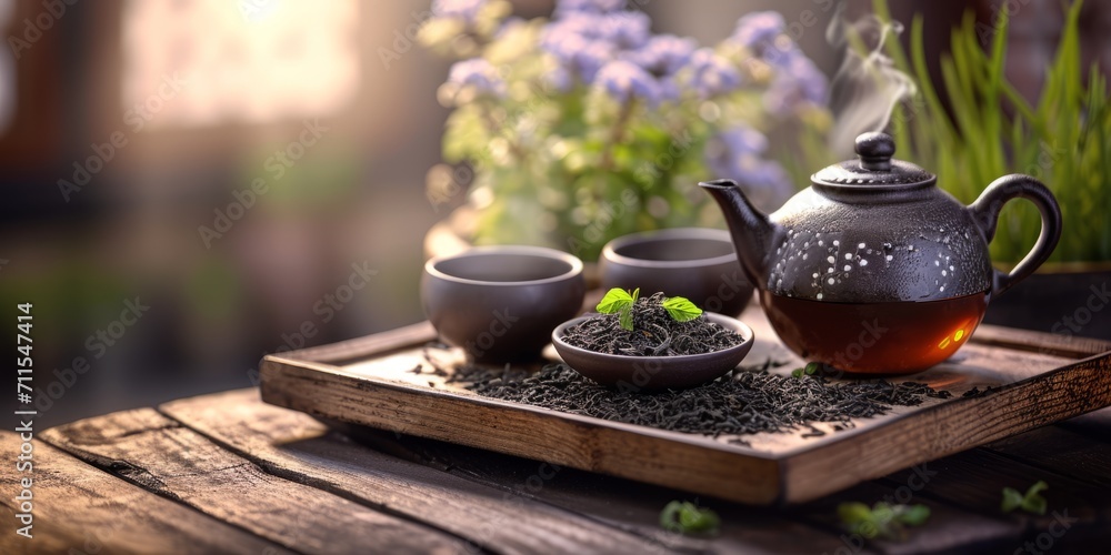 tea ceremony cups teapot Generative AI - obrazy, fototapety, plakaty 