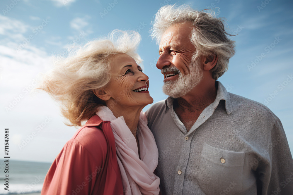 Portrait of romantic senior family. couple of happy smiling mature people with gray hair in casual clothes.