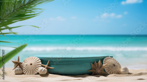 turquoise wooden cylinder podium with seashells and starfishes on a blurred ocean bokeh background for product display and presentation