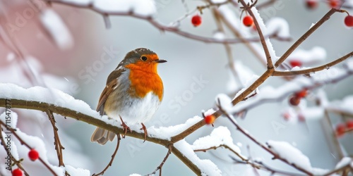 colorful bird on a branch in winter close-up Generative AI