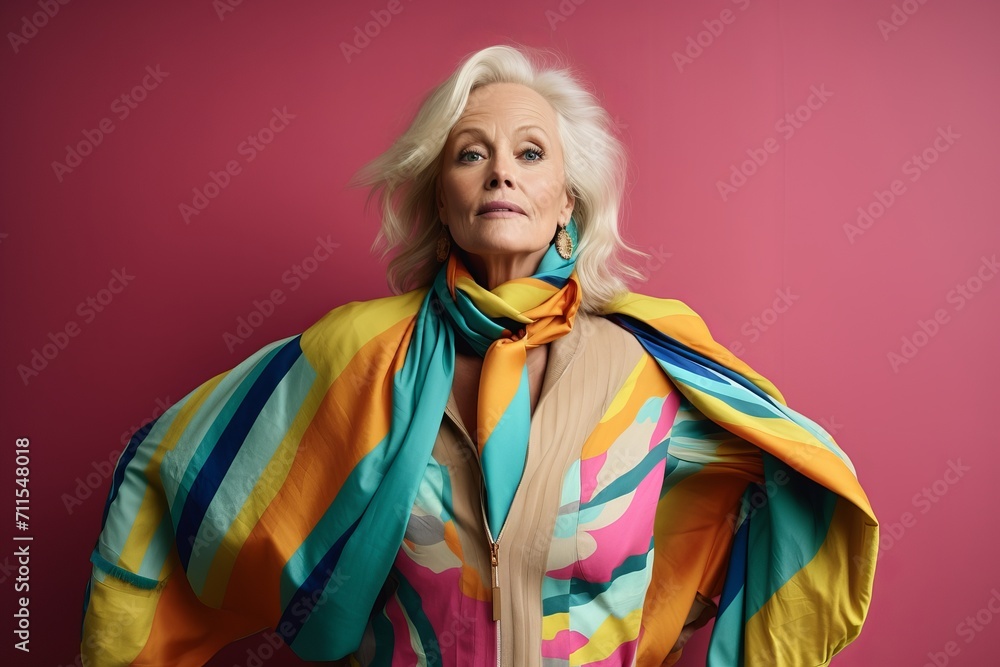 Fashionable senior woman in a colorful scarf on a pink background