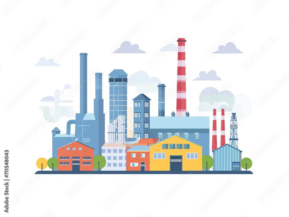 2D flat design illustration of the factory and industrial area. Façade skyline. Smoke pollutes the air.