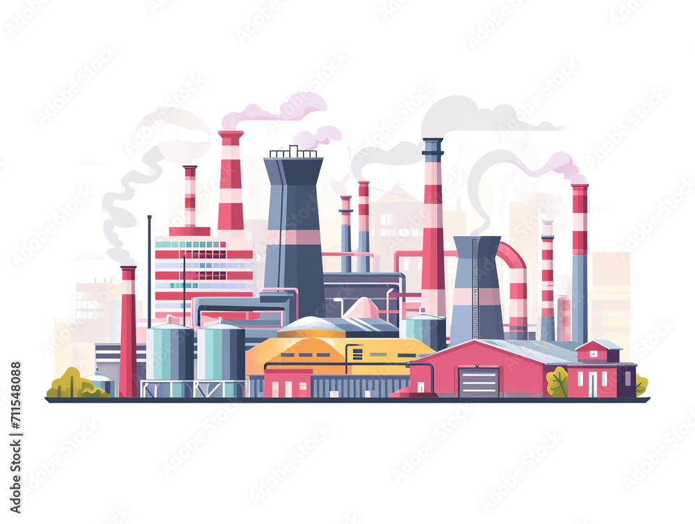 2D flat design illustration of the factory and industrial area. Façade skyline. Smoke pollutes the air. 2D flat design illustration of the factory and industrial area. Façade skyline. Smoke pollutes the air.