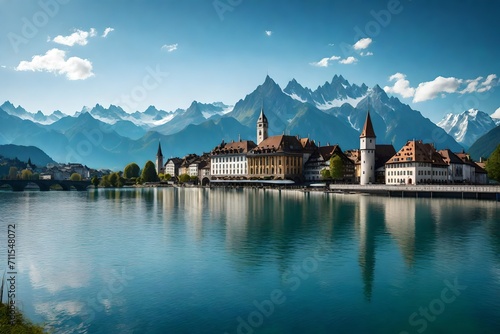 Thun cityspace with Alps mountain and lake photo