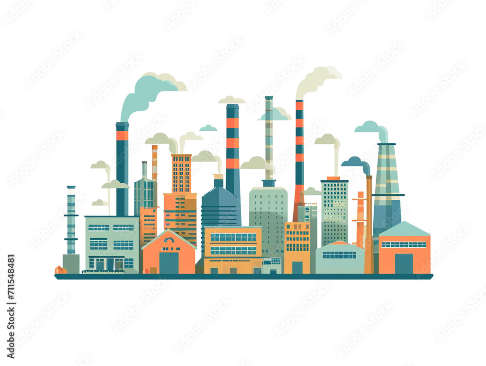 2D flat design illustration of the factory and industrial area. Façade skyline. Smoke pollutes the air.