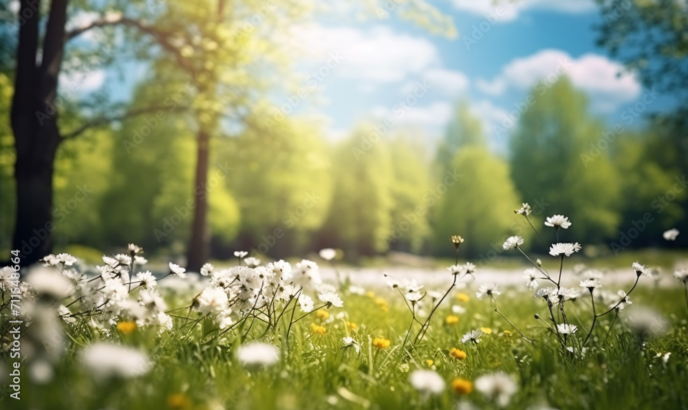 Beautiful blurred spring nature background with blooming clearing, trees and blue sky on a sunny day. Soft focus.