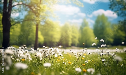 Beautiful blurred spring nature background with blooming clearing, trees and blue sky on a sunny day. Soft focus.