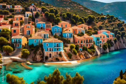 Beautiful panoramic view of Assos village with vivid colorful houses near blue turquoise colored and transparent bay lagoon. Kefalonia, Greece.