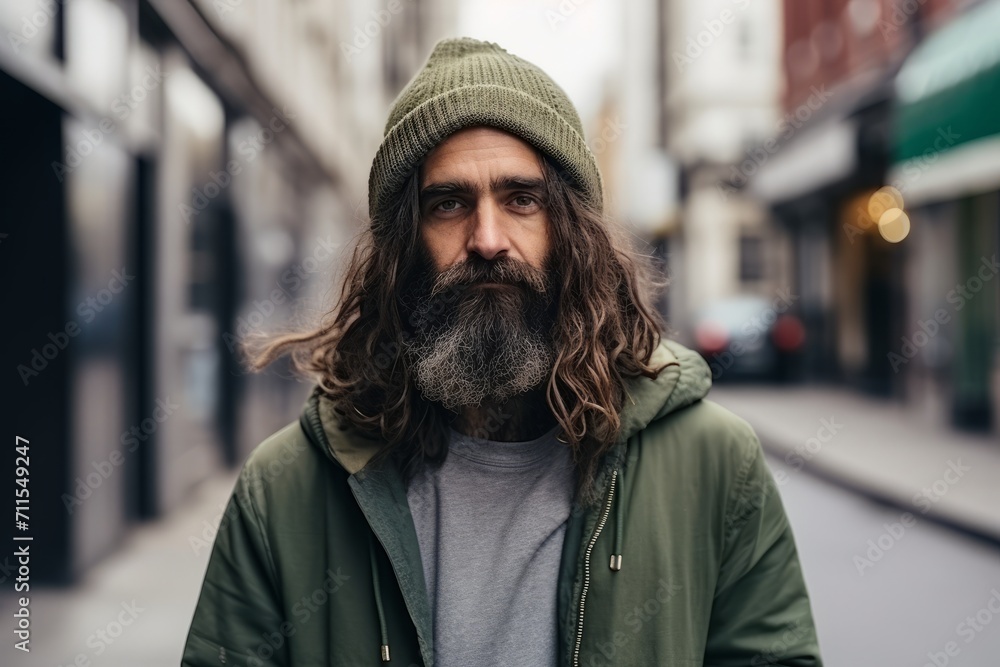 Portrait of a long-haired bearded man in a green jacket on the street Portrait of a long-haired bearded man in a green jacket on the street