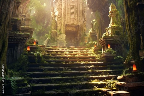 Sunlit ancient temple ruins in jungle, moss-covered stone, root-covered stairs, burning fire. 2D illustration. Generative AI