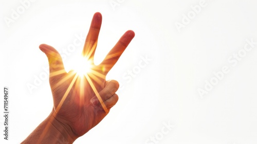 Detailed image of a hand gesturing peace sign, with a radiant sheen, isolated white background generative ai