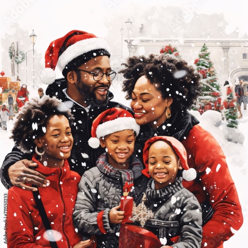 Black family in Santa Hats and snow falling all around illustration. Celebrating Black History Month!