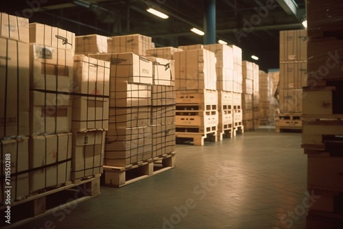 Line of crates on moving belt beside crates in factory assembly. Generative AI © Thessaly