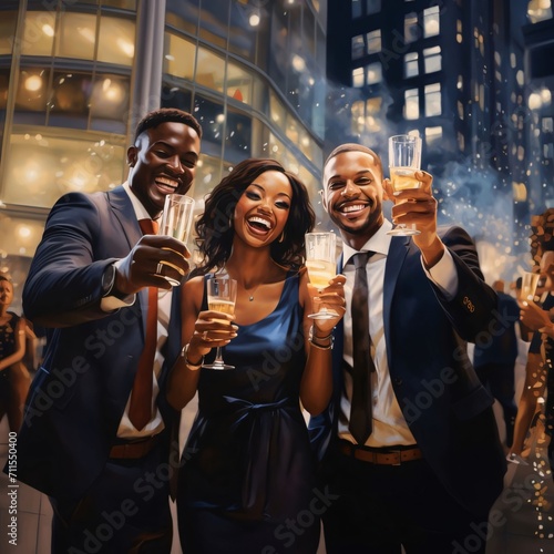 Two black men and a woman or having glasses of champagne at a New Year's street party. Celebrating Black History Month!
