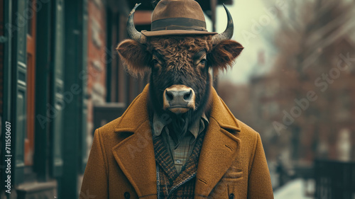 Chic buffalo roams city streets with regal flair, donned in tailored elegance that defines street style. The realistic urban setting captures the majestic fusion of wild charm and contemporary fashion