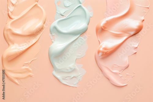 Texture cosmetic smear cream gel serum texture liquid serum swatches on a peach background 