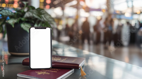Smartphone mit blanko weißem Display und Reisepässe liegen im Flughafen auf einem Tresen am Zoll wegen digitale Reiseunterlagen mobiler Reiseplanung der Zukunft Generative AI