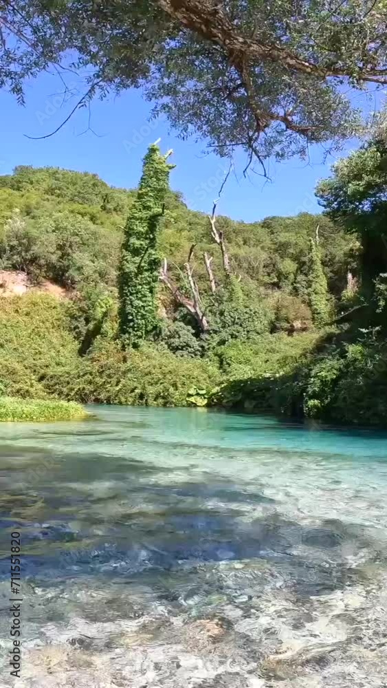 Cold waters of the river of The Blue Eye or Syri i kalter in the mountains of southern Albania, vertical photo Cold waters of the river of The Blue Eye or Syri i kalter in the mountains of southern Albania, vertical photo