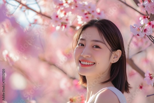 桜と笑顔の日本人女性のポートレート（春・花見・卒業・入学・幸せ）