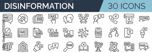 Set of 30 outline icons related to disinformation. Linear icon collection. Editable stroke. Vector illustration