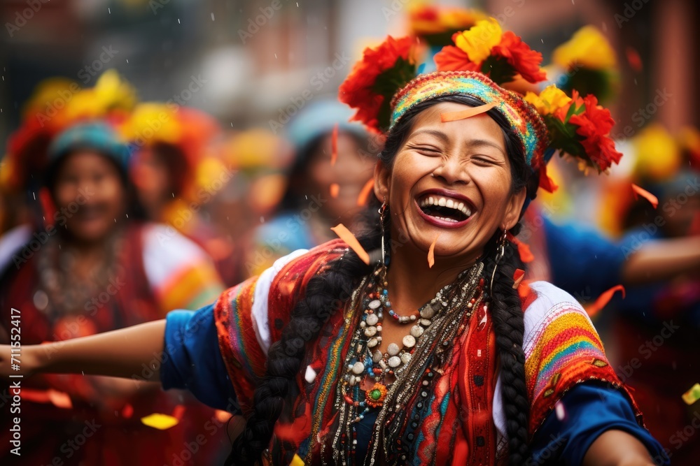 Sunset Rhythms in Quito: Cultural Heritage as Happy Women, Adorned in Local Costume, Gracefully Perform Traditional Dance at Sunset in Ecuador	

