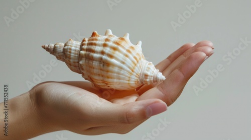 Detailed shot of a hand holding a seashell generative ai