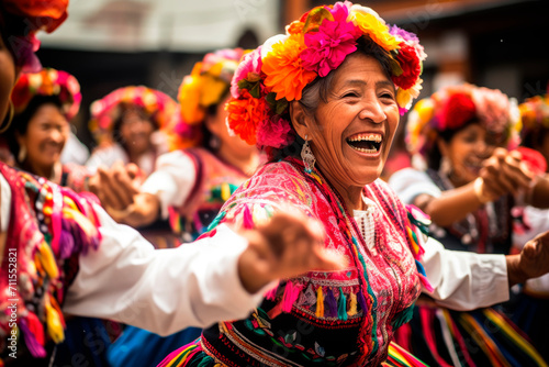 Sunset Rhythms in Quito: Cultural Heritage as Happy Women, Adorned in Local Costume, Gracefully Perform Traditional Dance at Sunset in Ecuador	
 photo