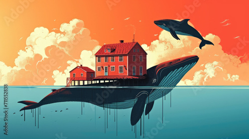 A whale and a house floating in the ocean.