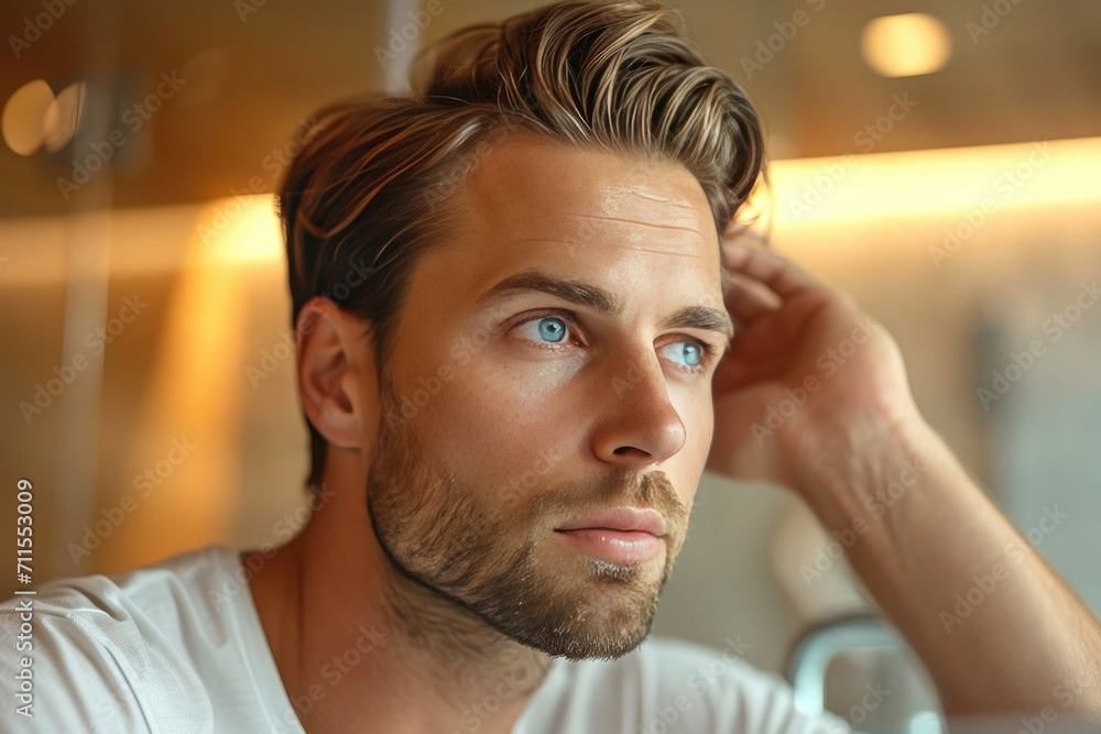 A thoughtful young man looking at his reflection in a well-lit bathroom mirror, depicting a moment of contemplation or self-care.
A thoughtful young man looking at his reflection in a well-lit bathroom mirror, depicting a moment of contemplation or self-care.