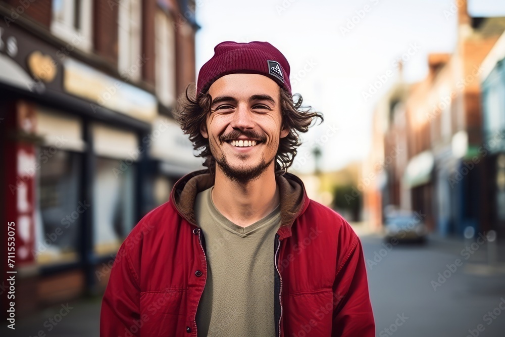 Portrait of a handsome young man smiling at camera in the city