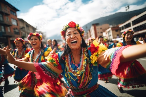 Sunset Rhythms in Quito: Cultural Heritage as Happy Women, Adorned in Local Costume, Gracefully Perform Traditional Dance at Sunset in Ecuador 