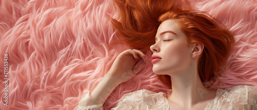 Uma mulher ruiva deitada em um tapete rosa peludo photo