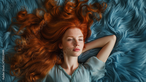 Uma mulher ruiva deitada em um tapete azul peludo photo
