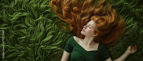 Uma mulher ruiva deitada em um tapete verde peludo  photo