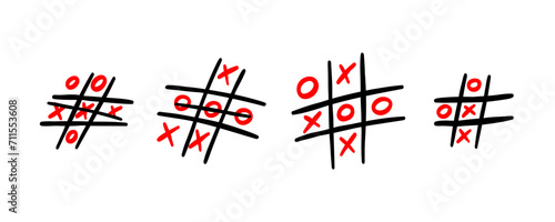 Tic tac toe doodle. Hand drawn sketch tic tac toe kids game. X-O children game set. Win in tictactoe. Vector doodle illustration isolated on white background.