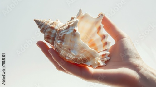 Detailed shot of a hand holding a seashell generative ai photo