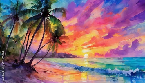 tropical island with palm trees.a dreamy painting capturing the essence of a romantic sunset on a tropical beach. Infuse the sky with soft pastels, blending oranges and purples, while the sun dips bel photo