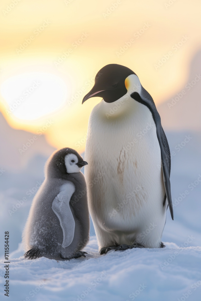 Fototapeta premium A penguin with her cub, mother love and care in wildlife scene
