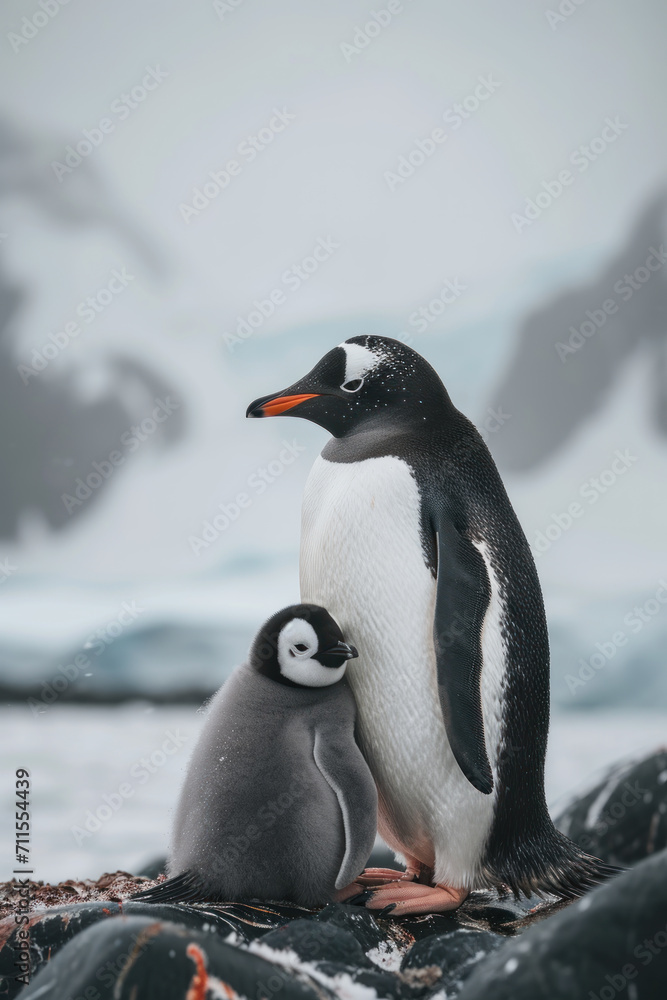 Naklejka premium A penguin with her cub, mother love and care in wildlife scene