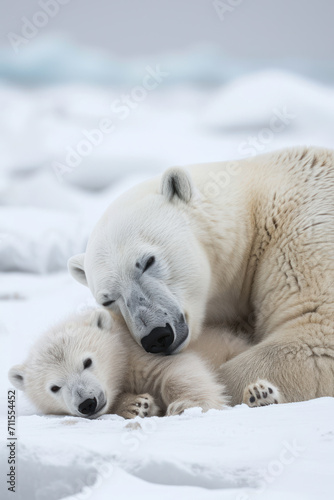 A polar bear with her cub, mother love and care in wildlife scene