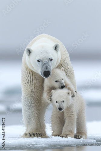 A polar bear with her cub, mother love and care in wildlife scene © Ema