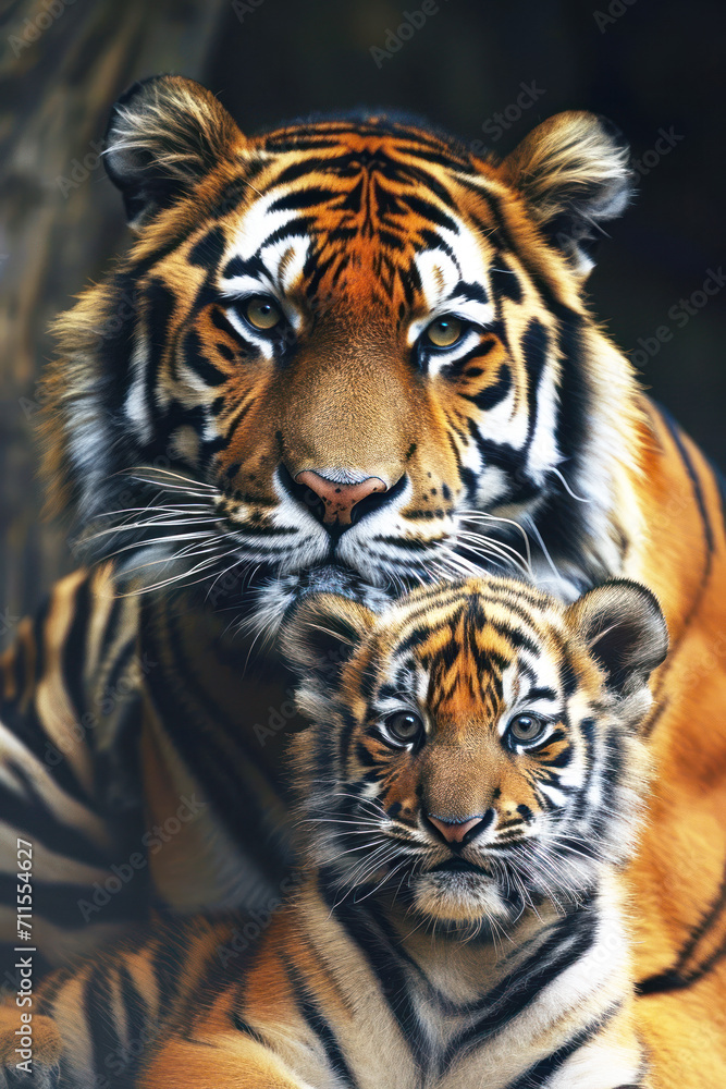 A tiger with her cub, mother love and care in wildlife scene A tiger with her cub, mother love and care in wildlife scene