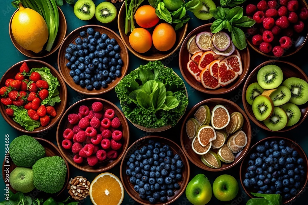 Fruits and berries in different plates. A bright assortment of fresh vitamins. View from above. Ingredients for desserts. Concept: healthy food and snack Fruits and berries in different plates. A bright assortment of fresh vitamins. View from above. Ingredients for desserts. Concept: healthy food and snack