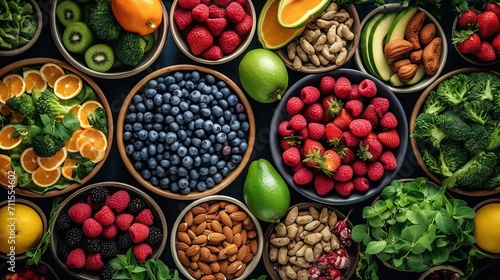Fruits and berries in different plates. A bright assortment of fresh vitamins. View from above. Ingredients for desserts. Concept  healthy food and snack