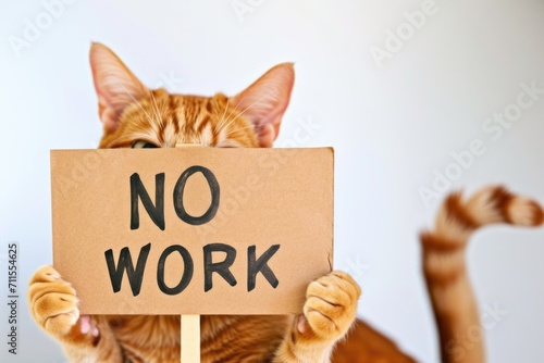 A cat holding a sign that says no work.