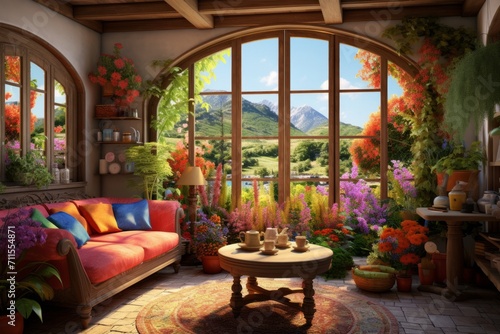 Living room with large French windows overlooking the garden  summer time  cozy living room in pastel colors