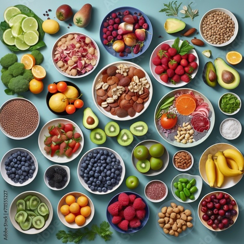 Fruits and berries in different plates. A bright assortment of fresh vitamins. View from above. Ingredients for desserts. Concept: healthy food and snack © Neuro architect