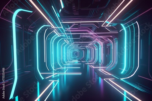 Abstract futuristic interior with glowing neon tubes. Generative AI