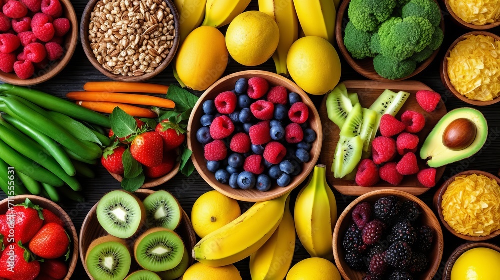 Fruits and berries in different plates. A bright assortment of fresh vitamins. View from above. Ingredients for desserts. Concept: healthy food and snack Fruits and berries in different plates. A bright assortment of fresh vitamins. View from above. Ingredients for desserts. Concept: healthy food and snack